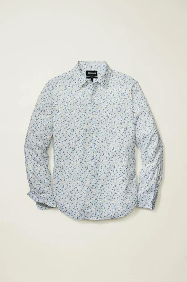Men Tech Button Down Shirt Blue Tan Peyton Floral Bonobos Business Casual Shirts