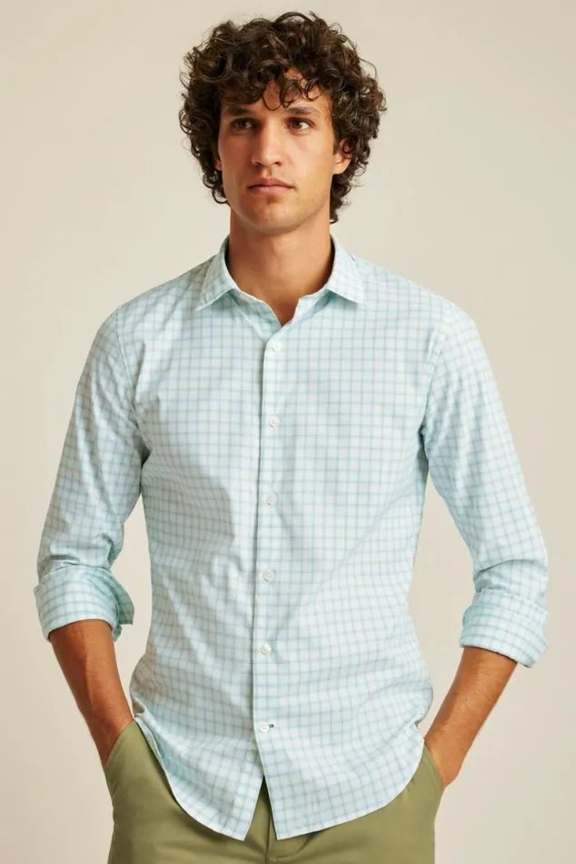 Men Tech Button Down Shirt Crystal Blues Plaid Bonobos Business Casual Shirts