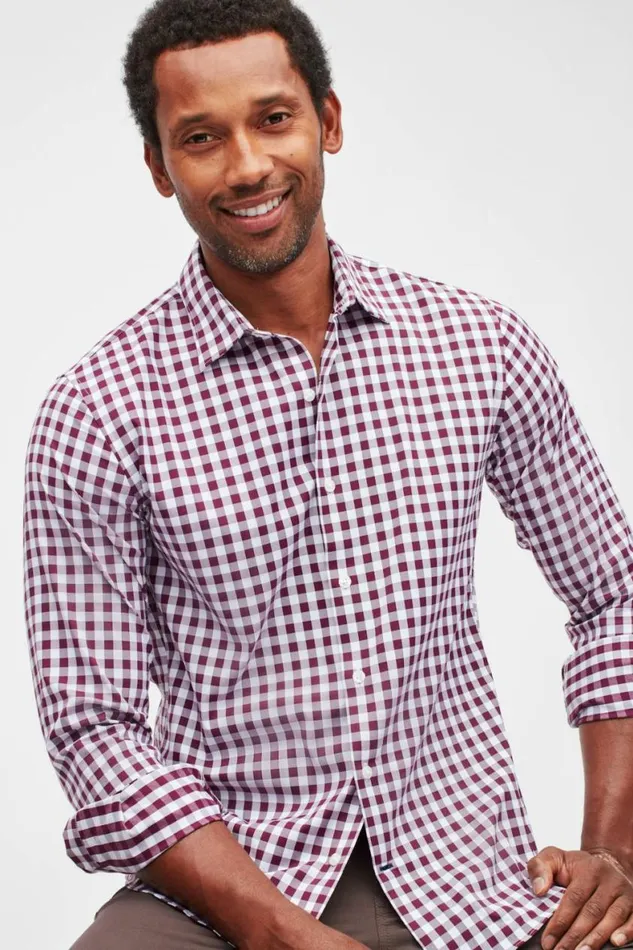 Men Tech Button Down Shirt Wine Gingham Bonobos Casual Shirts
