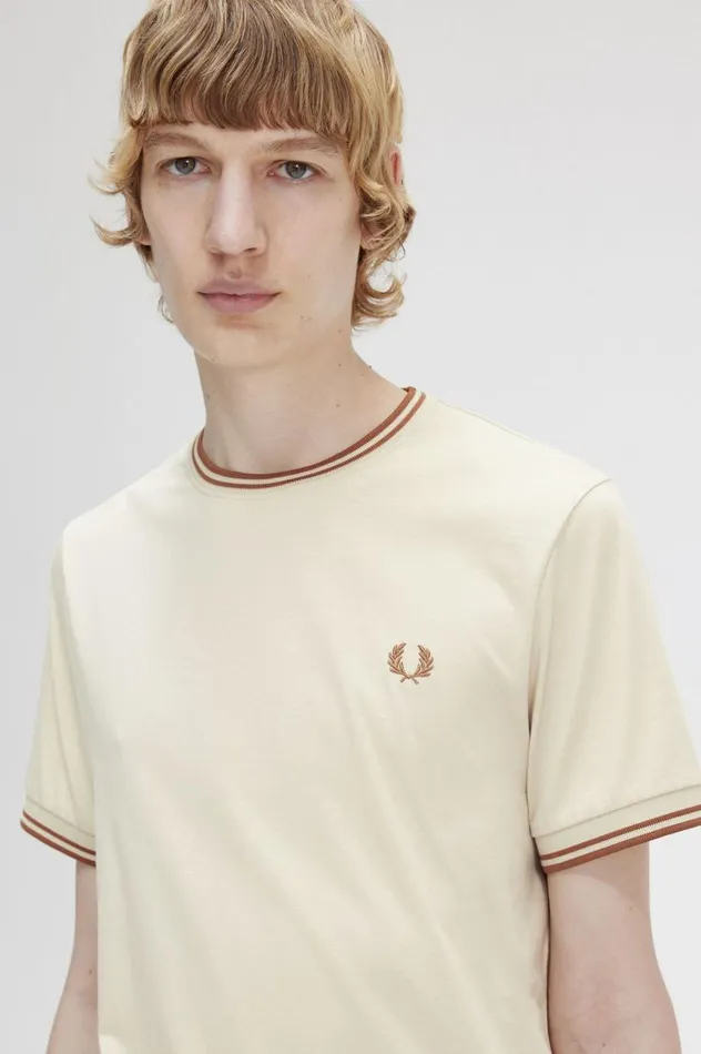 Men Twin Tipped TShirt Oatmeal Fred Perry TShirts
