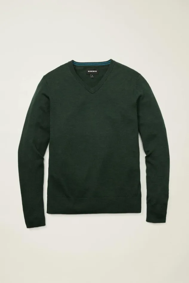 Men Washable Merino VNeck Sweater Heather Forest Green Bonobos Crew and VNeck Sweaters