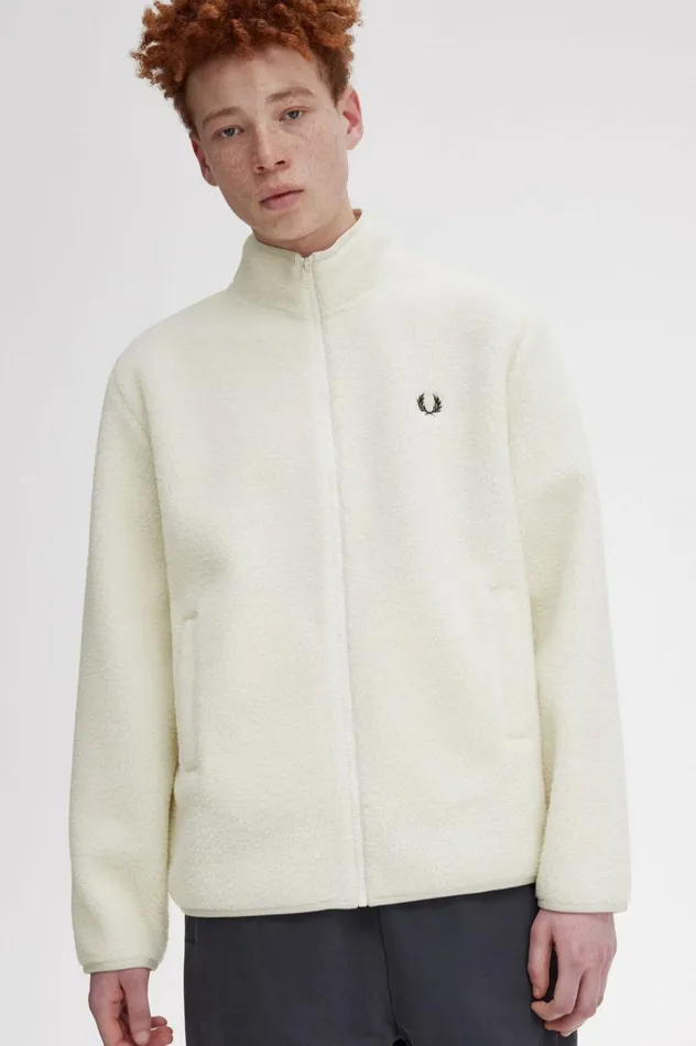 Men Zip Through Borg Fleece Ecru Fred Perry Coats and Jackets