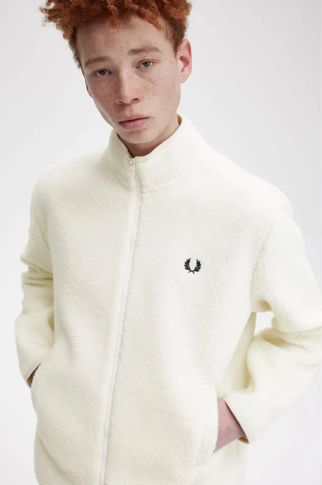Men Zip Through Borg Fleece Ecru Fred Perry Coats and Jackets