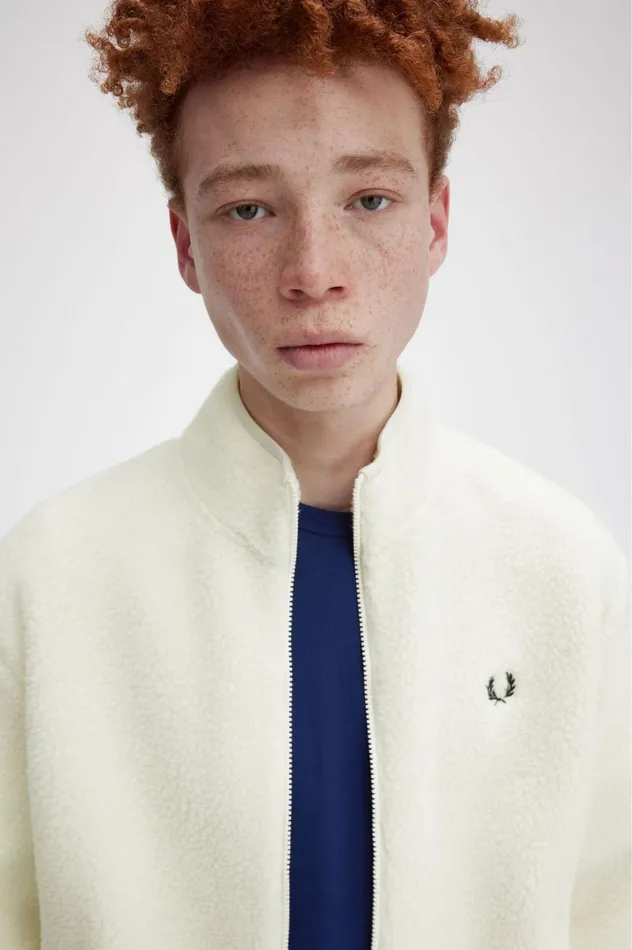 Men Zip Through Borg Fleece Ecru Fred Perry Coats and Jackets