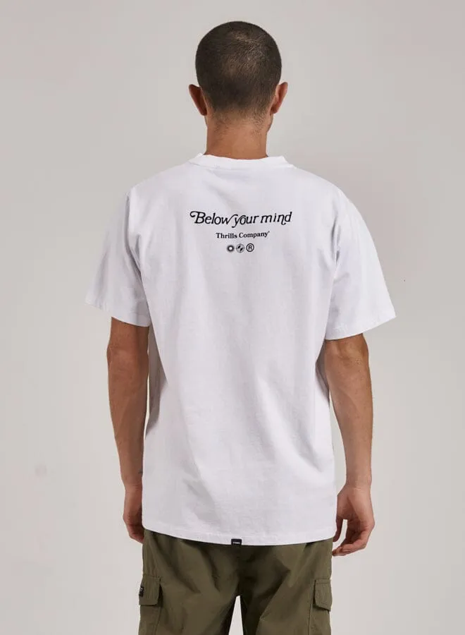 Mens Below Your Mind Merch Fit Tee White Thrills Tees and Tank Tops