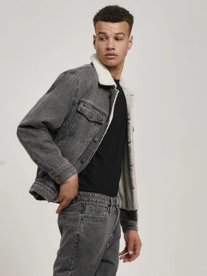 Mens Oversized Sherpa Wanderer Denim Jacket Asphalt Grey Thrills Denim