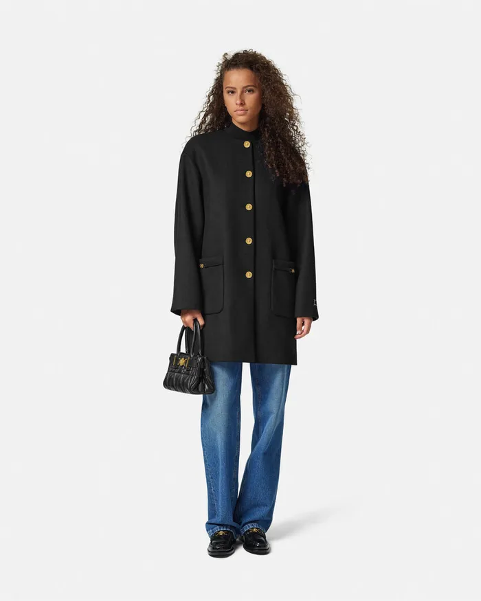 Outerwear and Coats Women Versace Collarless FeltedWool Long Caban Coat Black