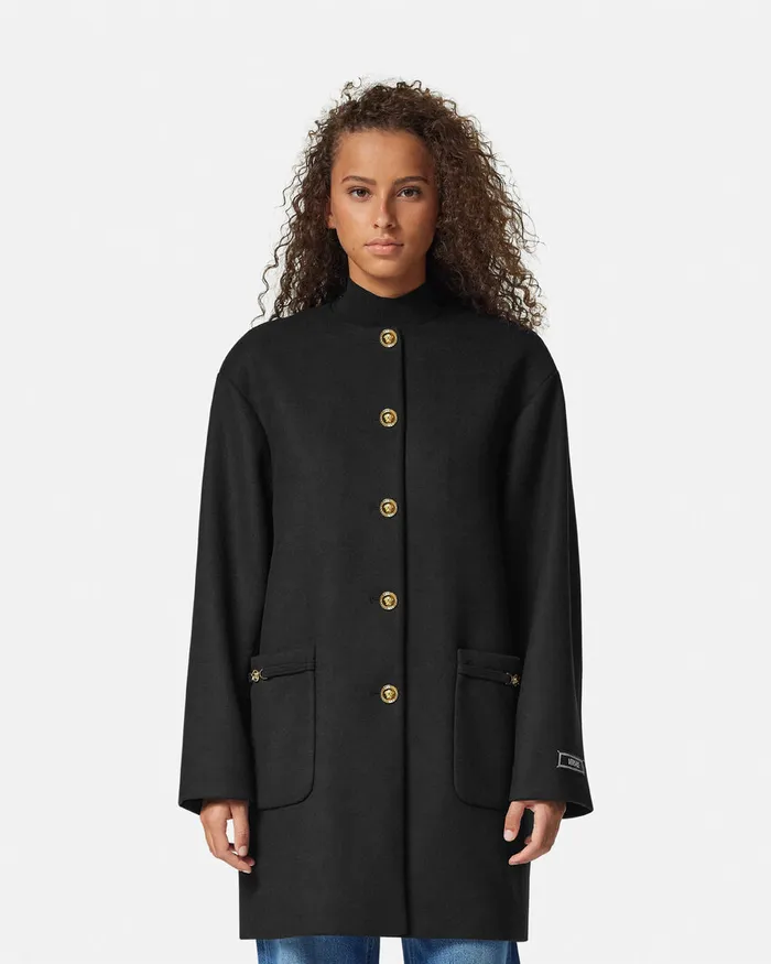 Outerwear and Coats Women Versace Collarless FeltedWool Long Caban Coat Black