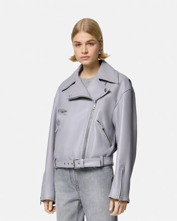 Outerwear and Coats Women Versace Leather Biker Jacket Gray