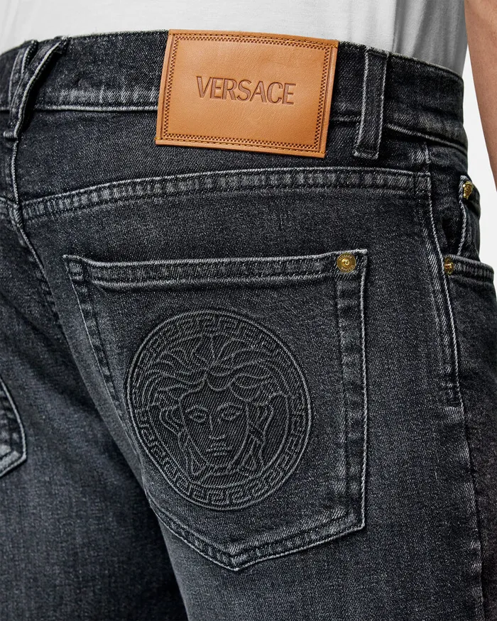 Pants and Shorts Men Versace Embroidered Medusa SlimFit Jeans Black
