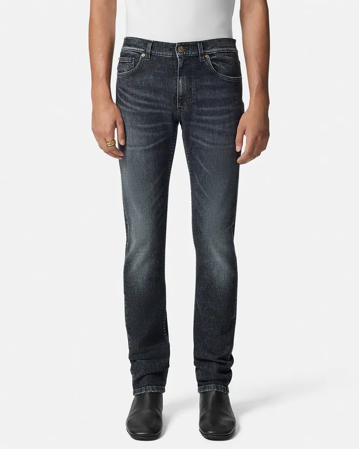 Pants and Shorts Men Versace Embroidered Medusa SlimFit Jeans Black