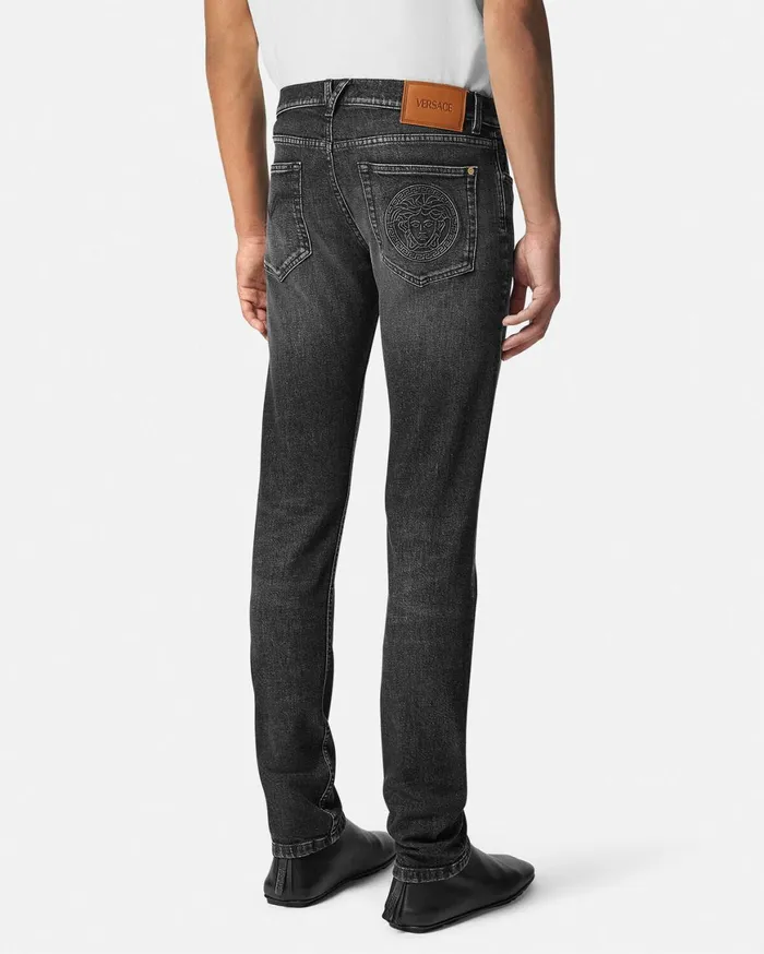 Pants and Shorts Men Versace Embroidered Medusa SlimFit Jeans Black