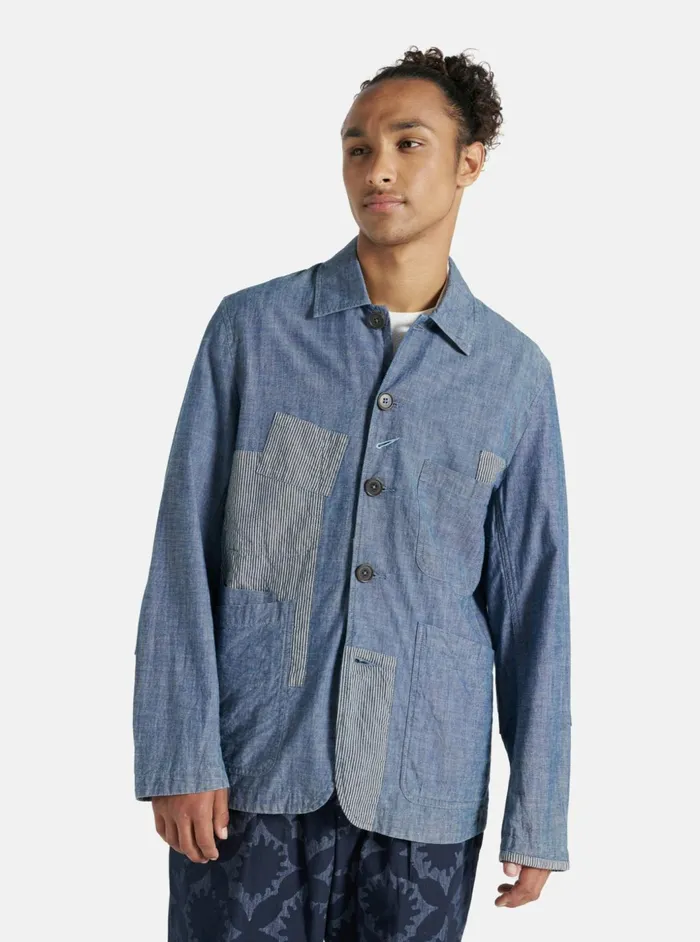 Patched Bakers Jacket In Indigo ChambrayHickory Strip Men Universal Works Jackets Patched Bakers Jacket In Indigo ChambrayHickory Strip Men Universal Works Jackets