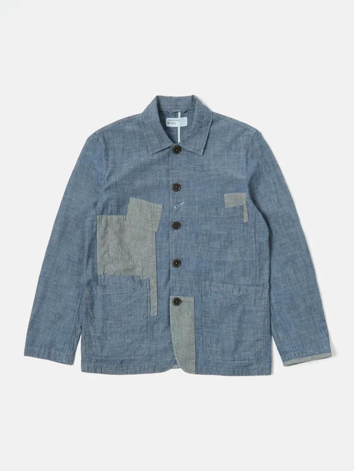Patched Bakers Jacket In Indigo ChambrayHickory Strip Men Universal Works Jackets