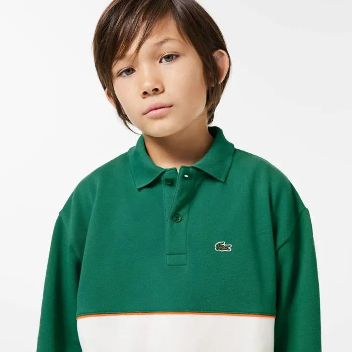 Polos Kids Lacoste Kids039 Long Sleeve Cotton Piqu Colorblock Polo Green Orange White Navy Blue P2i
