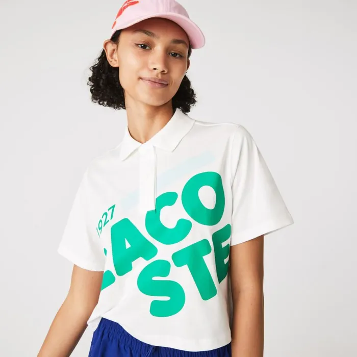 Polos MenWomen Lacoste Women039s Loose Fit Printed Organic Cotton Polo White 70v