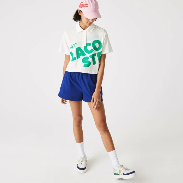 Polos MenWomen Lacoste Women039s Loose Fit Printed Organic Cotton Polo White 70v