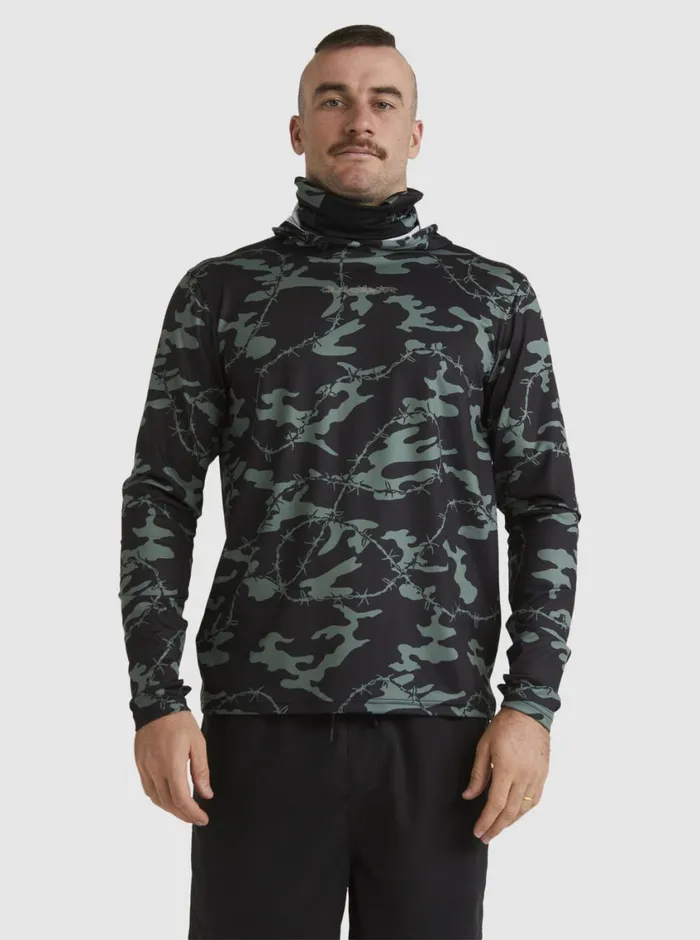 Quiksilver Mikey Hooded Long Sleeve UPF 50 Surf TShirt Black Mens Rashguards