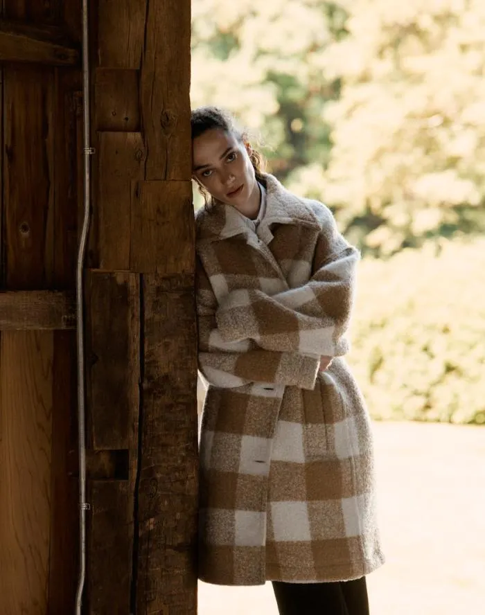 Ready To Wear Gingham AlpacaWool Boucl Double Face Oversized Coat Camel Multi Lafayette 148 New York Coats and Outerwear
