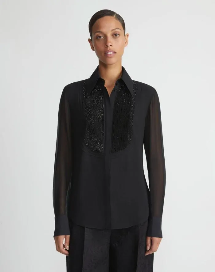 Ready To Wear HandBeaded Silk Georgette Pintuck Blouse Black Lafayette 148 New York Blouses and Shirts