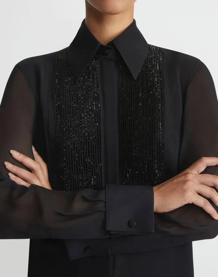 Ready To Wear HandBeaded Silk Georgette Pintuck Blouse Black Lafayette 148 New York Blouses and Shirts