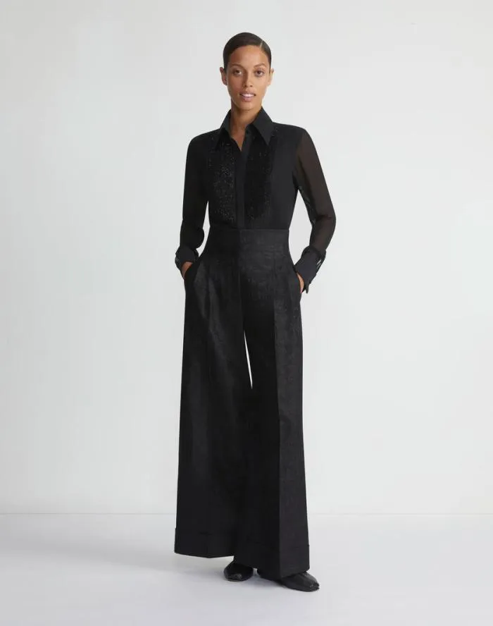 Ready To Wear HandBeaded Silk Georgette Pintuck Blouse Black Lafayette 148 New York Blouses and Shirts