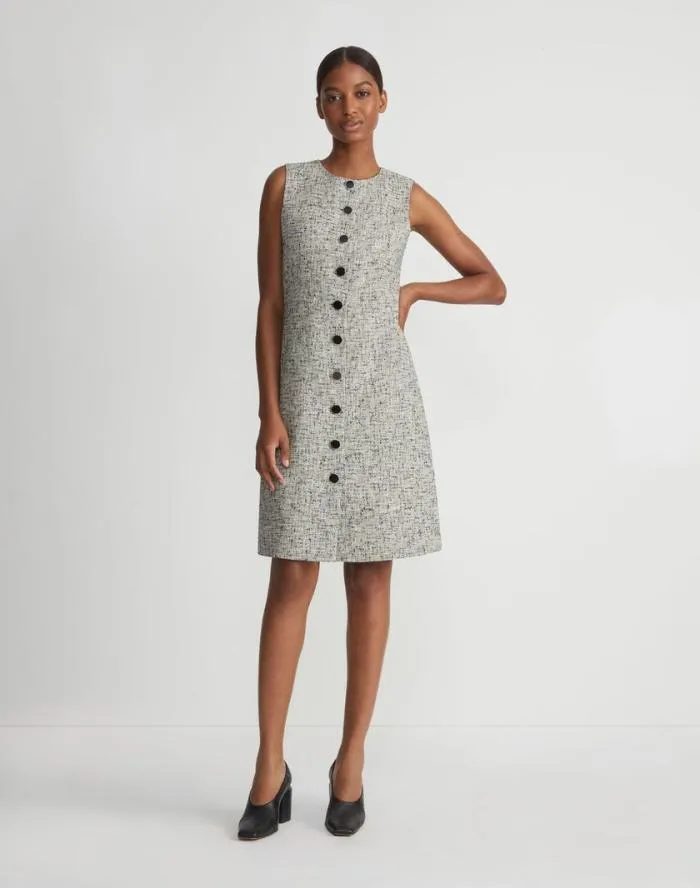 Ready To Wear LinenCotton Boucl Tweed Buttoned Dress Black Multi Lafayette 148 New York Dresses