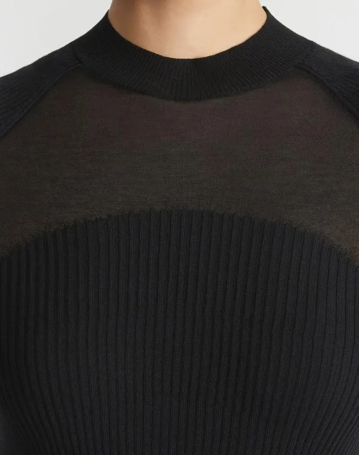Ready To Wear MerinoSilk Ribbed Sheer Yoke Sweater Black Lafayette 148 New York Sweaters and Knits