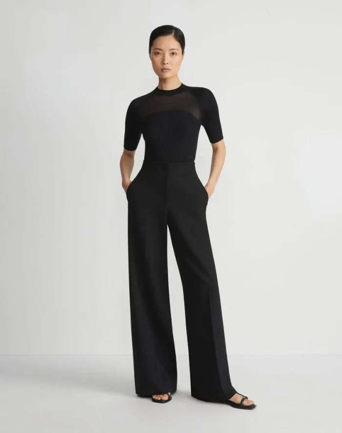 Ready To Wear MerinoSilk Ribbed Sheer Yoke Sweater Black Lafayette 148 New York Sweaters and Knits