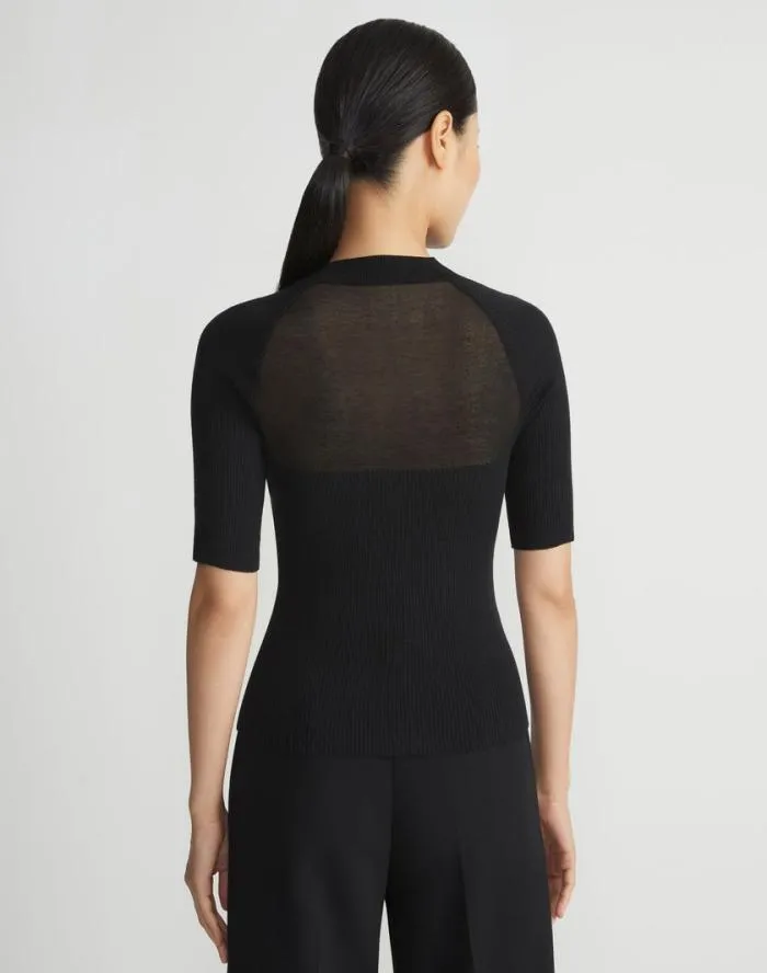 Ready To Wear MerinoSilk Ribbed Sheer Yoke Sweater Black Lafayette 148 New York Sweaters and Knits
