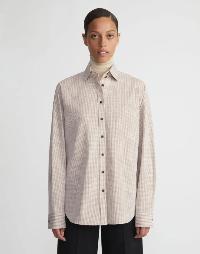 Ready To Wear Micro Gingham Cotton Poplin High Collar Shirt Camel Multi Lafayette 148 New York Blouses and Shirts