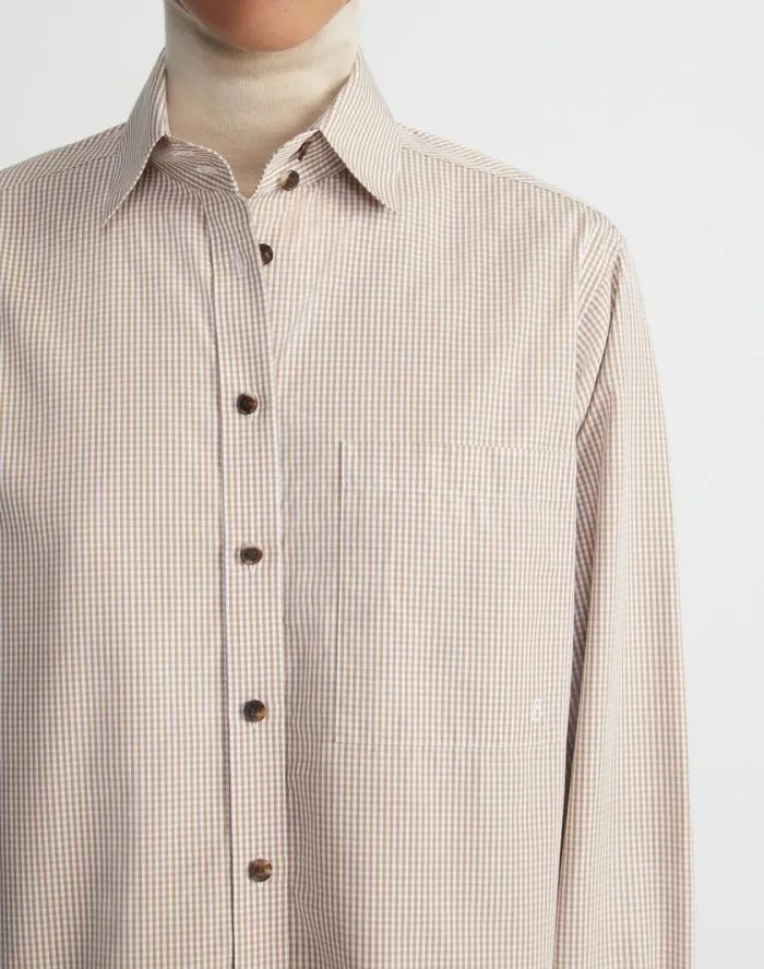 Ready To Wear Micro Gingham Cotton Poplin High Collar Shirt Camel Multi Lafayette 148 New York Blouses and Shirts