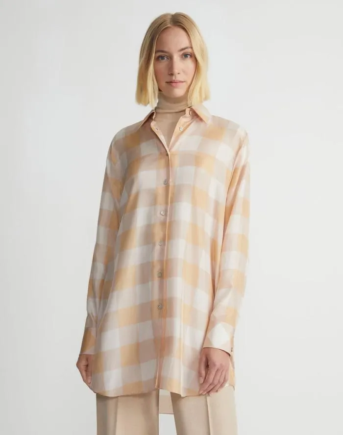 Ready To Wear Painted Gingham Print Silk Habutai Oversized Blouse Maitake Multi Lafayette 148 New York Blouses and Shirts