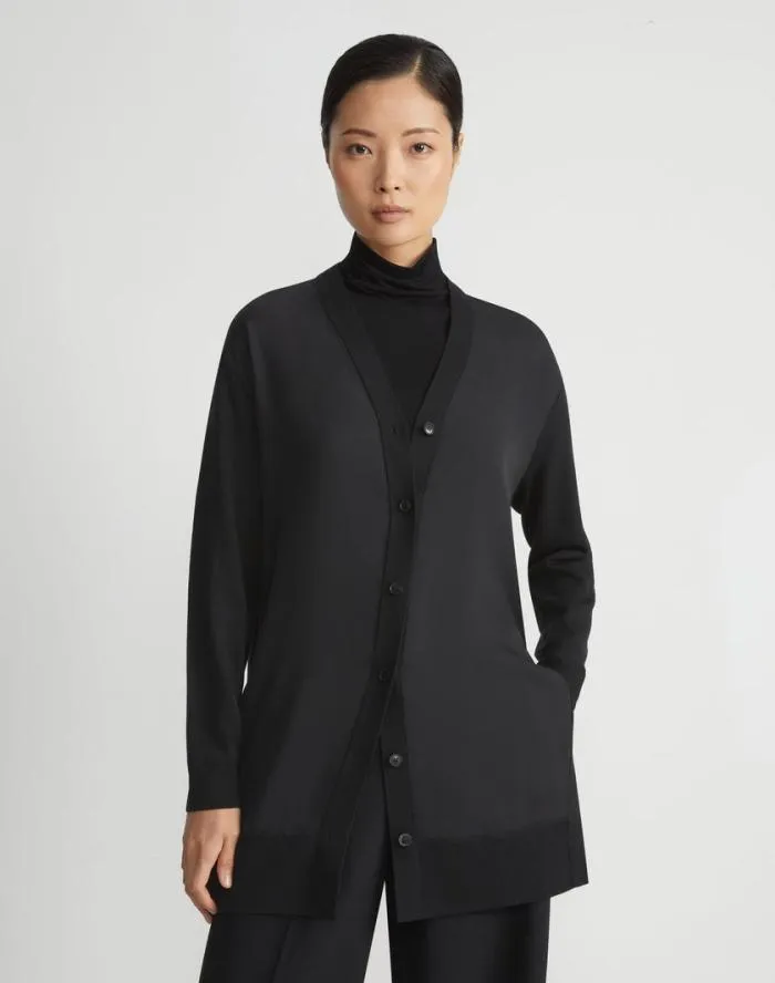 Ready To Wear Responsible Fine Gauge Merino and Organic Silk Georgette Cardigan Black Lafayette 148 New York Sweaters and Knits