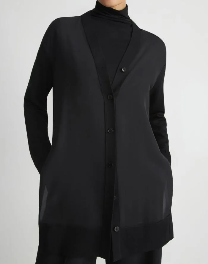 Ready To Wear Responsible Fine Gauge Merino and Organic Silk Georgette Cardigan Black Lafayette 148 New York Sweaters and Knits