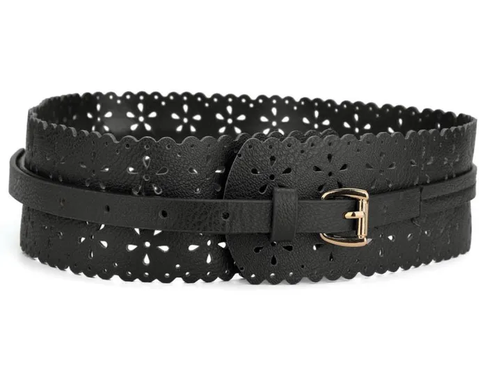RWandCO Belts Allegra K Hollow Retro Floral Leather Cinch Wide Belt Black 8211 Women