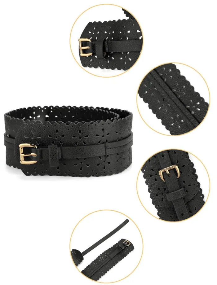 RWandCO Belts Allegra K Hollow Retro Floral Leather Cinch Wide Belt Black 8211 Women