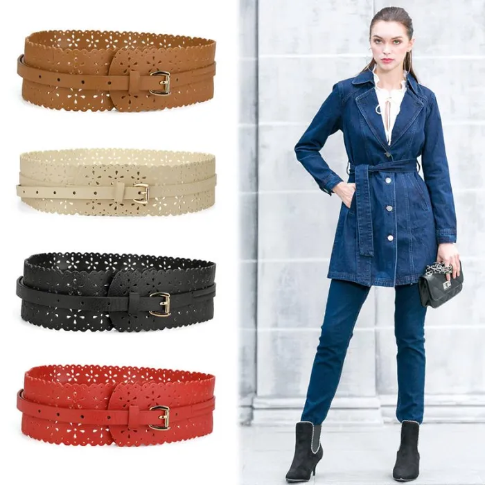 RWandCO Belts Allegra K Hollow Retro Floral Leather Cinch Wide Belt Black 8211 Women