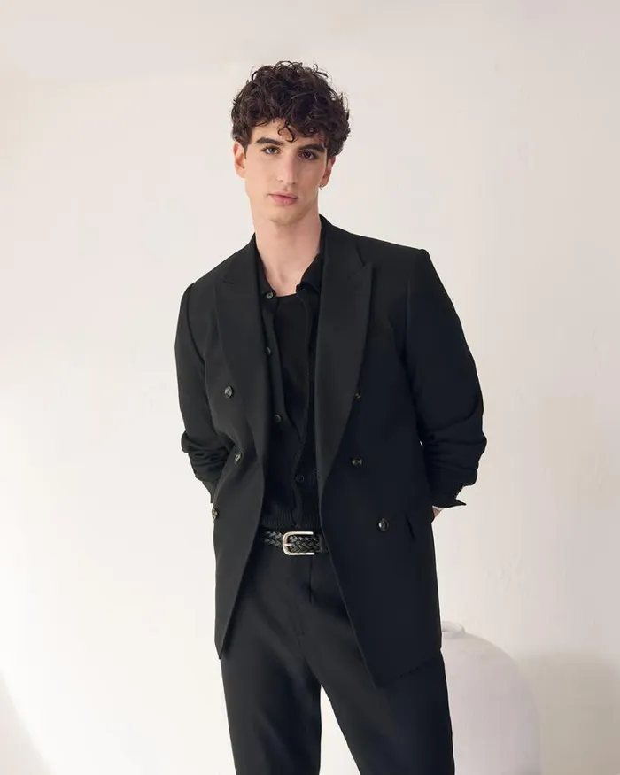 RWandCO Blazers TailoredFit DoubleBreasted Linen Suit Blazer Black 8211 Men