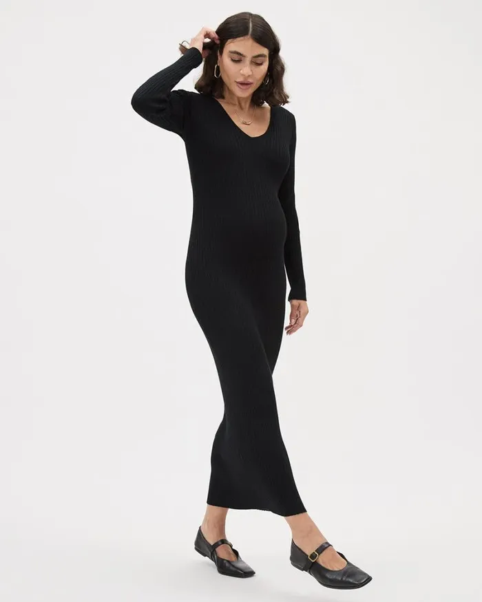 RWandCO Dresses and Jumpsuits LongSleeve VNeck Maxi Dress 8211 Thyme Maternity Black 8211 Women