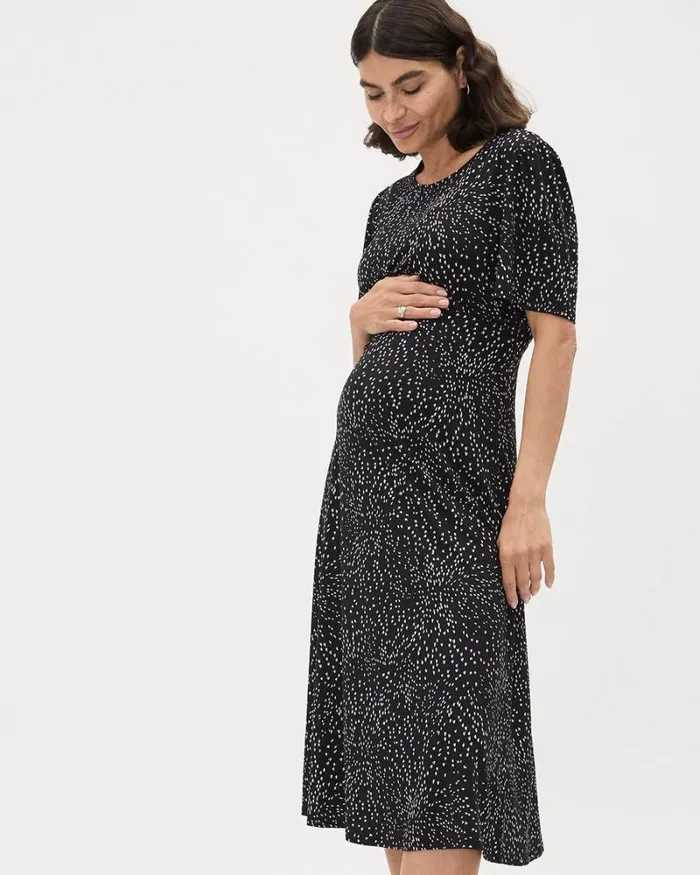 RWandCO Dresses and Jumpsuits ShortSleeve CrewNeck Midi Dress 8211 Thyme Maternity U Shaped All Over 8211 Women
