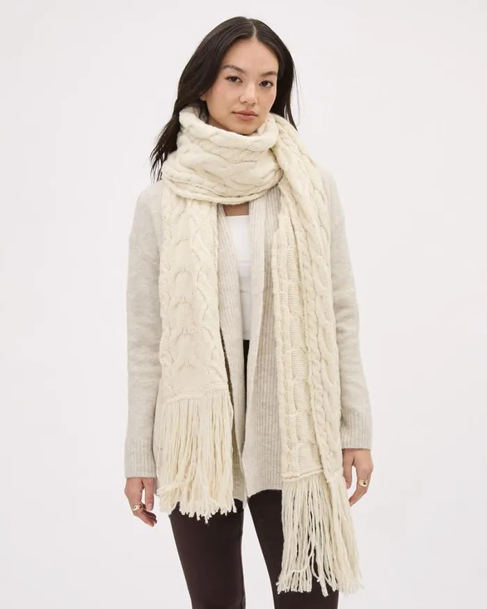 RWandCO Hats Gloves and Scarves CableKnit Scarf With Fringes Birch 8211 Women