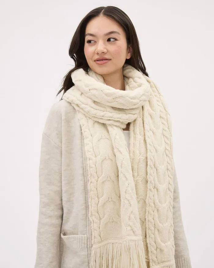 RWandCO Hats Gloves and Scarves CableKnit Scarf With Fringes Birch 8211 Women RWandCO Hats Gloves and Scarves CableKnit Scarf With Fringes Birch 8211 Women