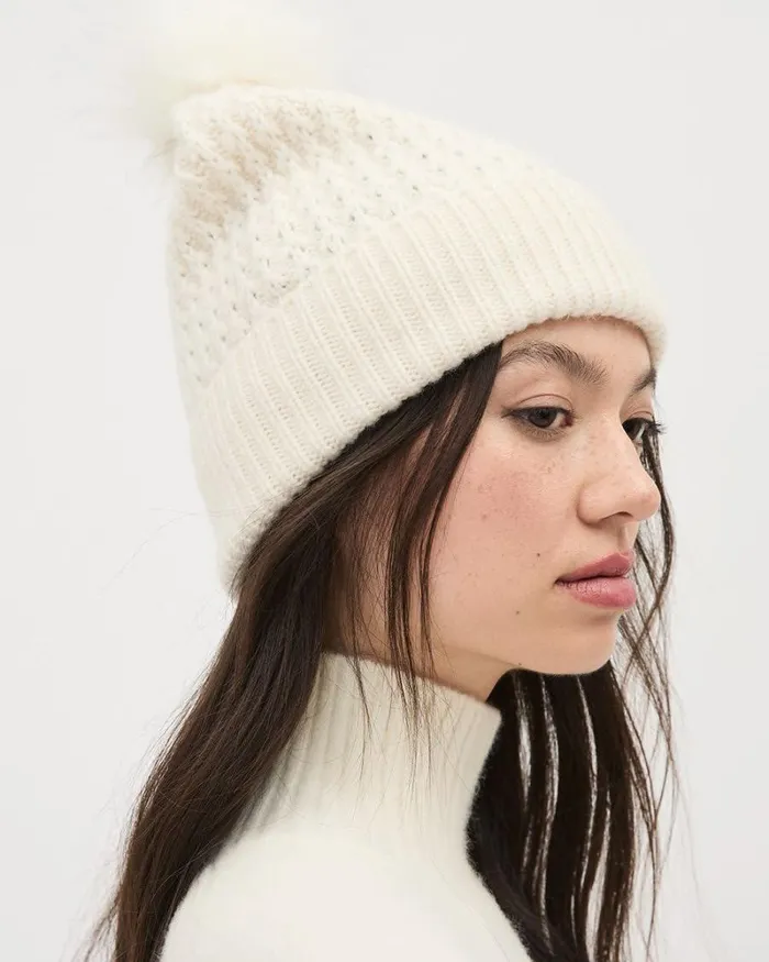 RWandCO Hats Gloves and Scarves CableKnit Wool Beanie With Pompom Antique White 8211 Women RWandCO Hats Gloves and Scarves CableKnit Wool Beanie With Pompom Antique White 8211 Women
