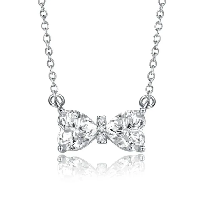 RWandCO Necklaces Stella Valentino Sterling Silver With 150ctw Lab Created Moissanite BowTie Heart Pendant Layering Necklace White 8211 Women