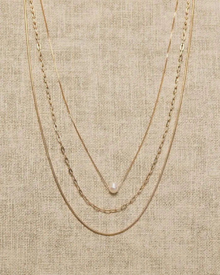 RWandCO Necklaces TripleChain Necklace With Freshwater Pearl Gold 8211 Women