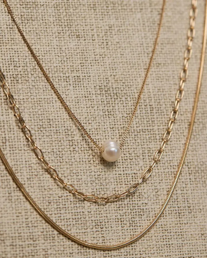 RWandCO Necklaces TripleChain Necklace With Freshwater Pearl Gold 8211 Women