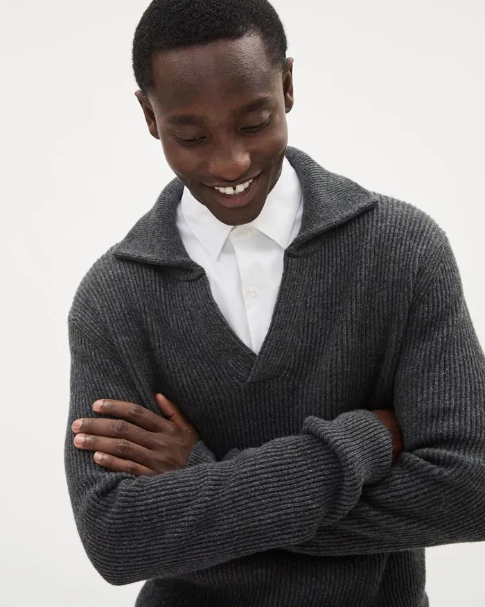 RWandCO Polos WoolBlend Ribbed Sweater With Johnny Collar Charcoal 8211 Men