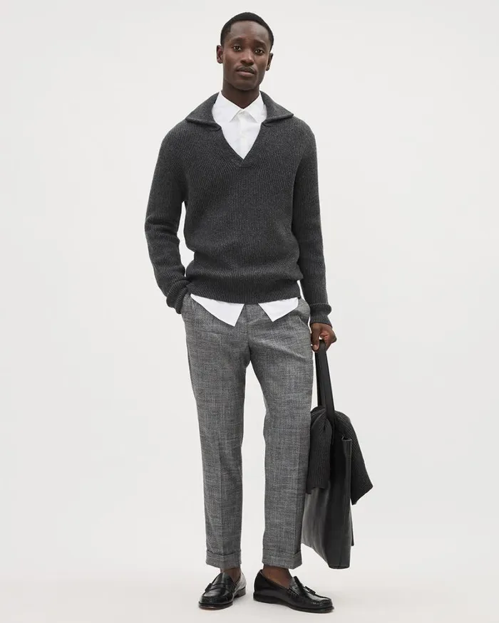 RWandCO Polos WoolBlend Ribbed Sweater With Johnny Collar Charcoal 8211 Men RWandCO Polos WoolBlend Ribbed Sweater With Johnny Collar Charcoal 8211 Men