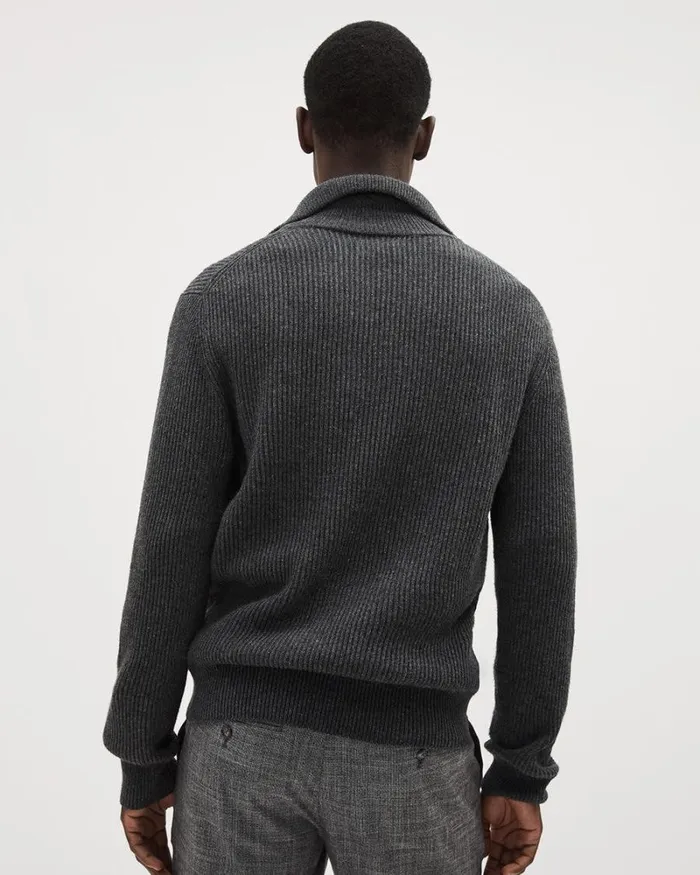 RWandCO Polos WoolBlend Ribbed Sweater With Johnny Collar Charcoal 8211 Men RWandCO Polos WoolBlend Ribbed Sweater With Johnny Collar Charcoal 8211 Men